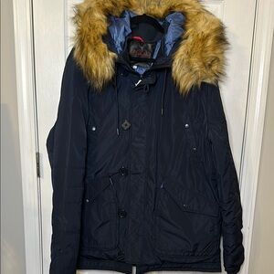 Men's Navy Parka with Faux Fur Hood